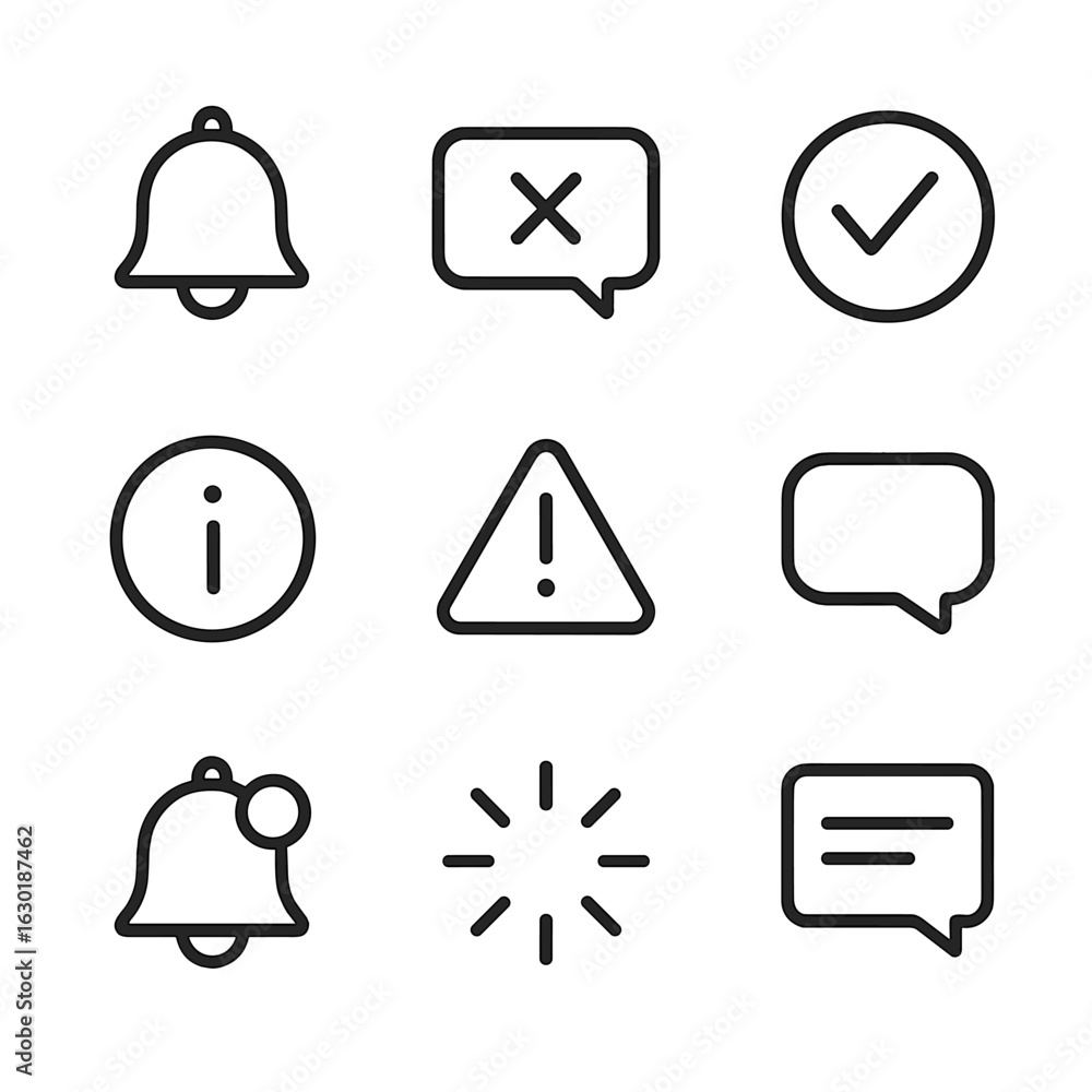 Poster interface notification icons. outline icon set of interface notifications: alert bell, error message