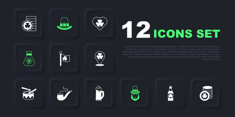 Set Beer bottle with clover, Golden leprechaun coin, Ireland flag, Leprechaun, Money bag, Smoking pipe, hat and Glass of beer icon. Vector