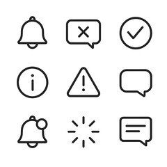 Interface Notification Icons. Outline icon set of interface notifications: alert bell, error message, success checkmark, info icon