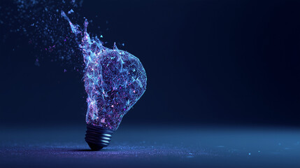 A broken light bulb, composed of small blue and purple triangular particles on a dark blue background. Big data technology