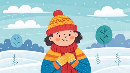 Cartoon illustration of a joyful girl in winter clothes building a snowman with a gift and a Christmas tree in the snow