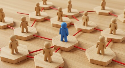 Obraz premium Wooden Figure Network Connection with Blue Leader on Wood Surface