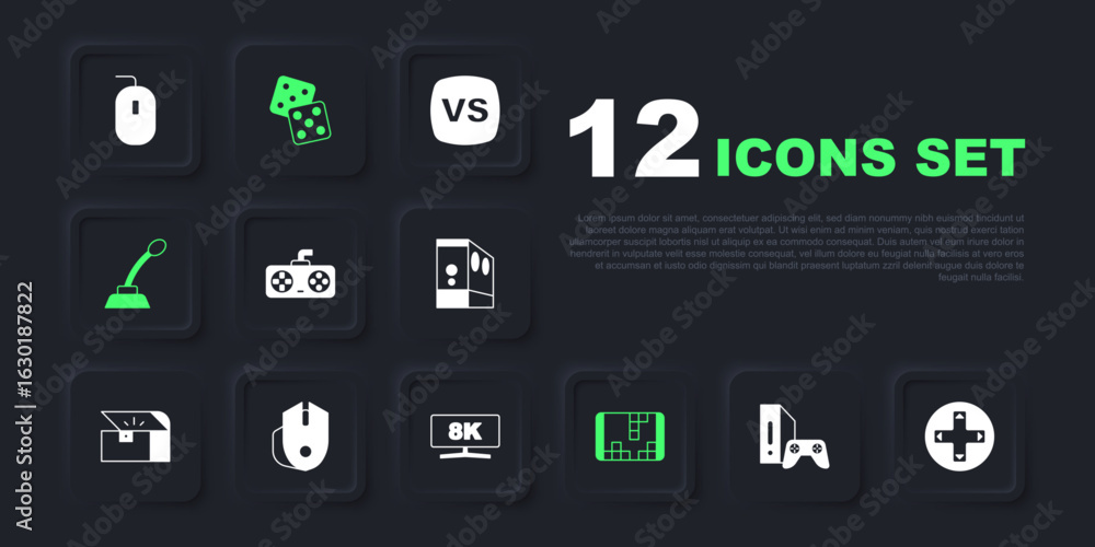 Poster set game console with joystick, controller or, portable video game, microphone, computer mouse, dice
