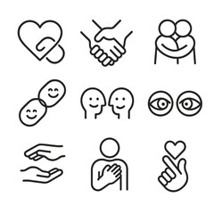 Interpersonal Bonds Icons. Outline icon set of emotional connection: heart link, intertwined hands, hug, bonding chain, shared