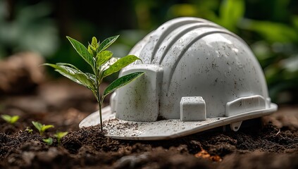Hard Hat with Green Plant Growing from It &ndash; Symbol of Sustainability and Nature Reclaiming Industry in Forest Setting