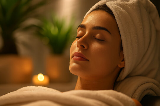 Woman relaxing peacefully on spa bed during wellness session