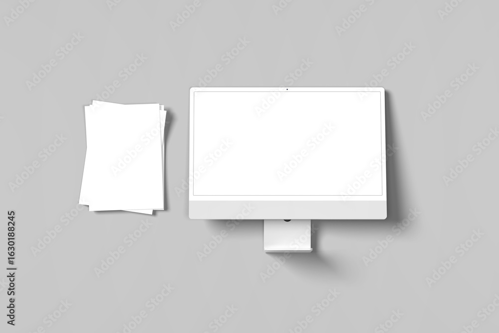 Aufkleber computer display with white blank screen with blank portrait a4. brochure magazine isolated on gray