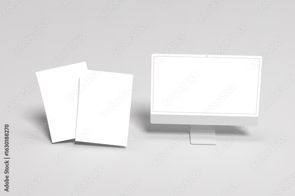 Poster computer display with white blank screen with blank portrait a4. brochure magazine isolated on gray