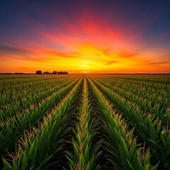Stunning sunset over a vibrant cornfield.