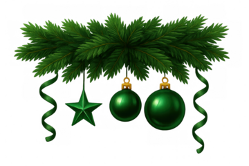 Fir tree branches decorated with green baubles, star and ribbons hanging on transparent background, perfect for christmas projects