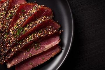 Succulent slices of seasoned meat on a black plate highlighted by fresh herbs and spices in a modern culinary setting