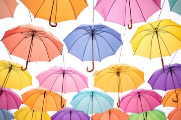 A joyful collection of umbrellas in various colors floats in the air, creating a captivating sight on a sunny day in the city