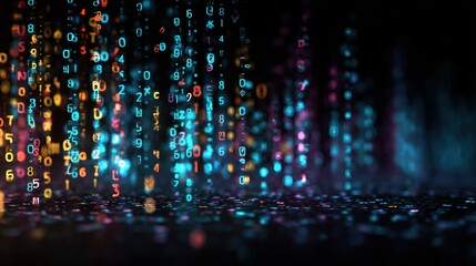 Abstract digital data stream with glowing colorful illuminated numbers and binary code in a futuristic cyberspace environment with vibrant glowing effects