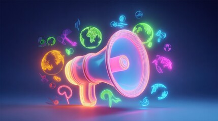 Vibrant neon digital illustration of a loudspeaker surrounded by colorful floating icons representing communication, media, and technology themes in a futuristic style