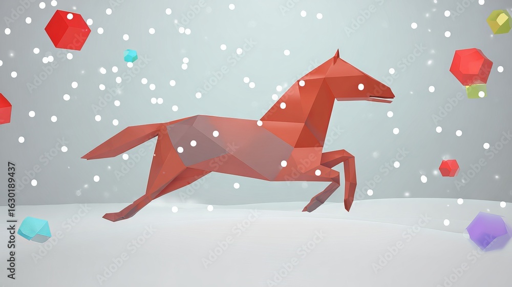 Poster red polygonal horse illustration running through a snowy landscape with colorful geometric shapes fl