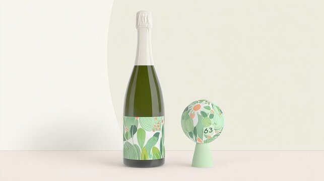 Sparkling wine bottle with vibrant floral label design and decorative sphere on minimalistic background, showcasing elegant packaging and modern aesthetic for celebration - Powered by Adobe