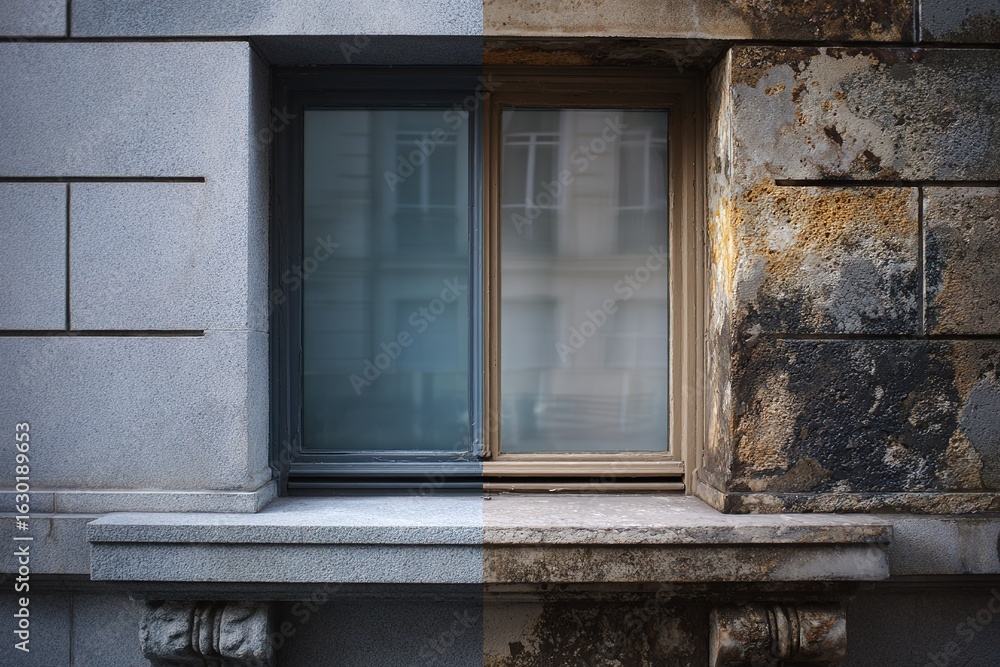 Poster contrast between modern and weathered architecture captured in an urban setting