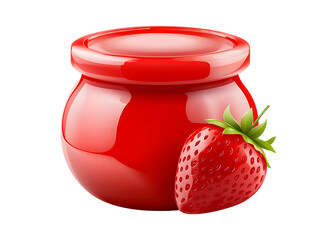 Red strawberry jam jar with fresh strawberry isolated on transparent background