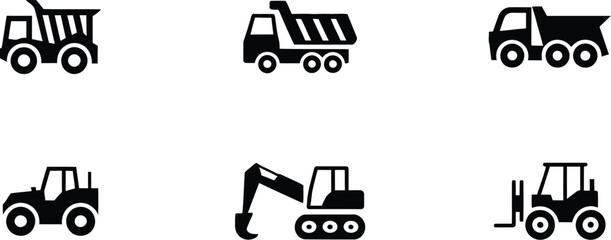 Vector icon set of construction vehicles. Simple black silhouettes of heavy machinery including dump truck, excavator, tractor, and forklift for industrial design.
