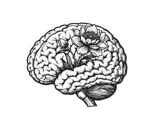 Brain crowned by blossom representing intellect and creativity intertwining with natural beauty.eps