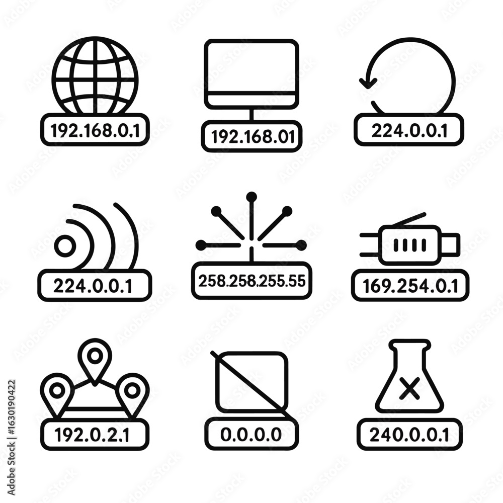 Poster ip address icon set. outline icon set of ip address types: public ip, private ip, loopback address, 