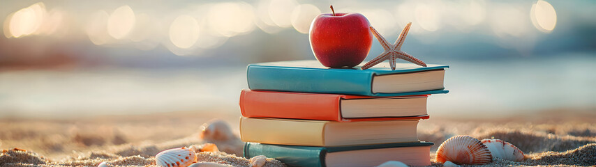 Colorful textbooks with a red apple rest on sandy beach with seashells, starfish, and waves; soft light evokes summer learning and contrast between play and study.