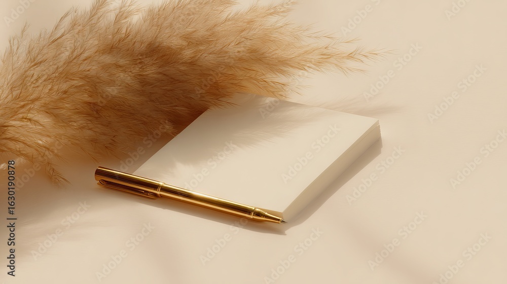 Poster elegant flat lay featuring a blank notepad and a golden pen beside soft pampas grass on a light beig