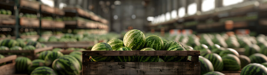 Watermelons harvested in wooden boxes in a warehouse. Natural organic fruit abundance. Healthy and natural food storing and shipping concept.