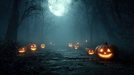 Naklejka premium Eerie halloween lanterns illuminate spooky forest path nighttime atmosphere mysterious setting haunting concept