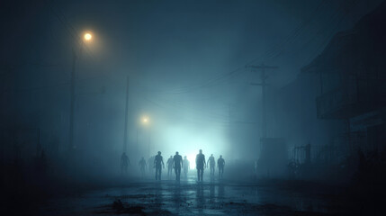 Naklejka premium Mysterious figures emerge from fog abandoned street atmospheric photography night environment eerie viewpoint