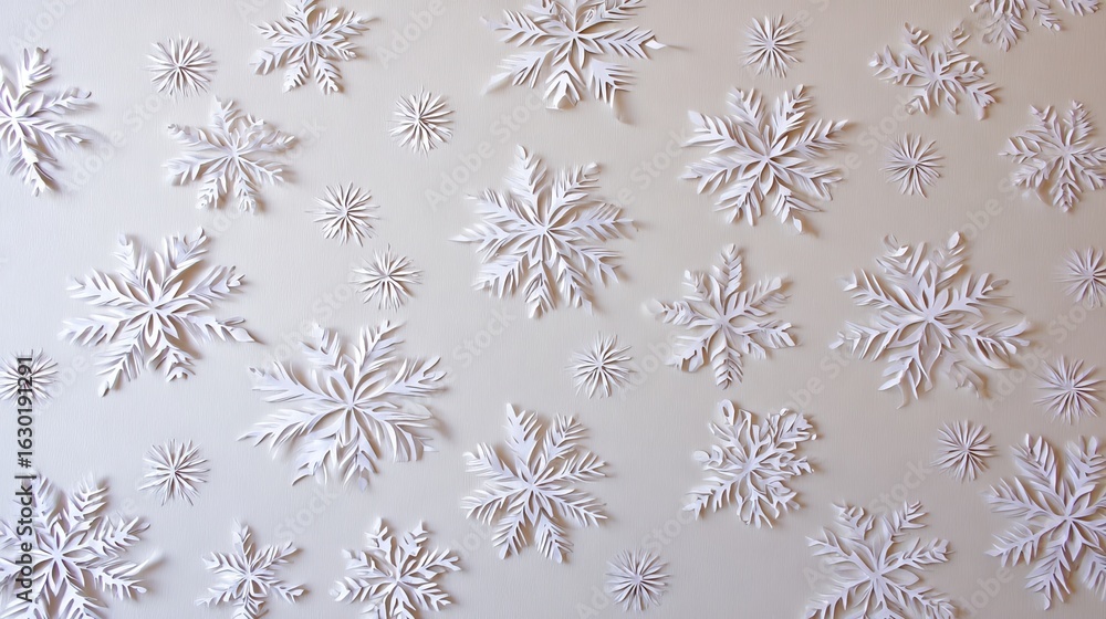 Poster white paper snowflakes of various sizes and intricate designs are arranged on a light background, cr
