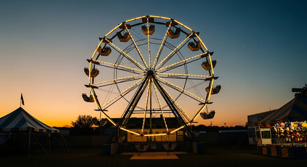 Illuminated Ferris Wheel at Carnival During Sunset with Colorful Tents in Foreground Vibrant Fairground Scene Festival Atmosphere Outdoor Entertainment

