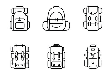 Collection of six hand drawn outline backpacks for outdoor adventures and travel backpack, rucksack, bag, hiking, camping, travel, outdoor, adventure, illustration, drawing, sketch