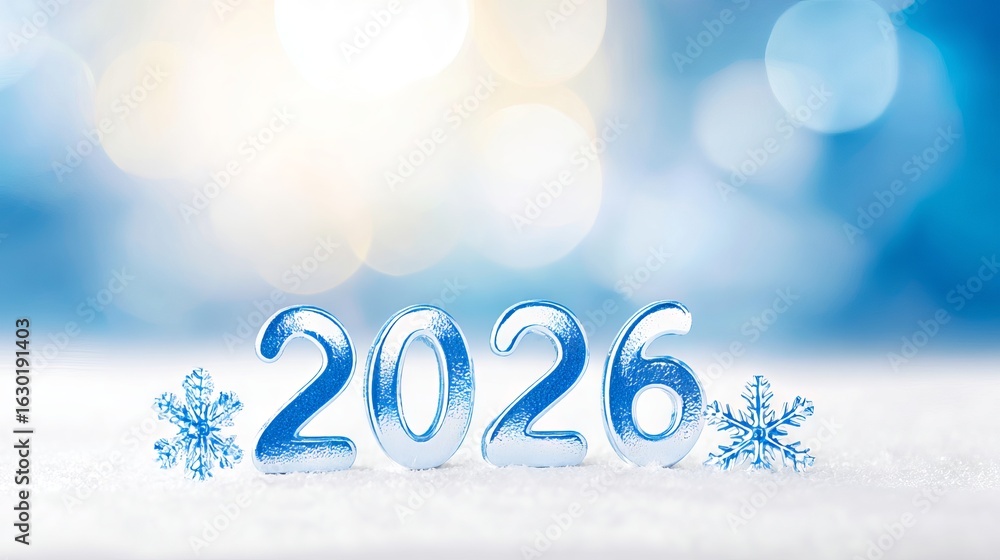 Aufkleber blue numbers representing the year 2026 are surrounded by snowflakes on a soft white surface, creati