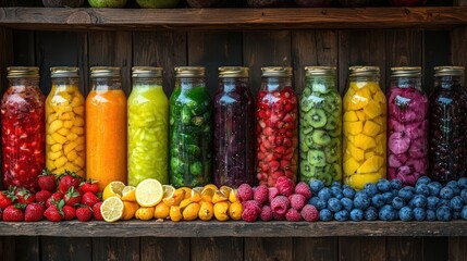 Colorful fruit juices and fresh produce display