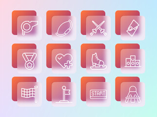 Set line Flippers for swimming, Flag, Skates, Ribbon finishing line, Heart rate, Fencing, Whistle and Medieval bow icon. Vector