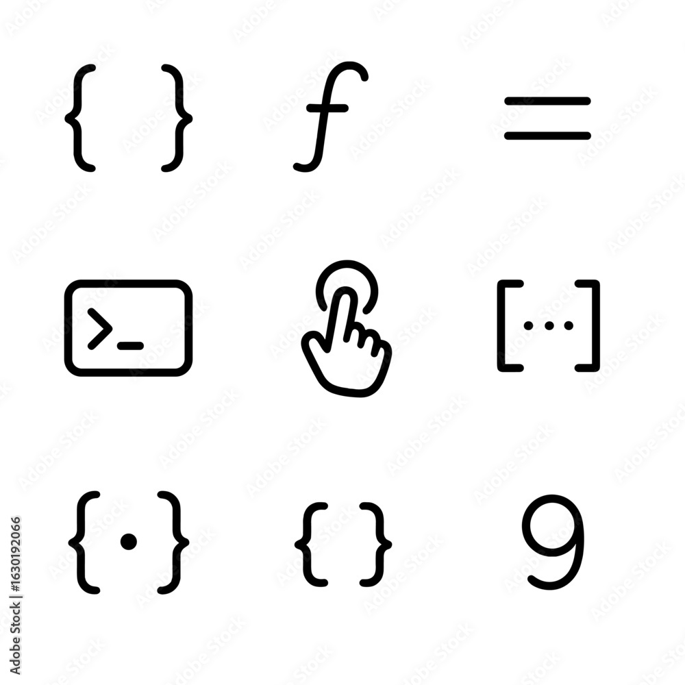 Poster JavaScript Basics Icons. Outline icon set of JavaScript basics: curly braces, function, variable declaration, console log, event