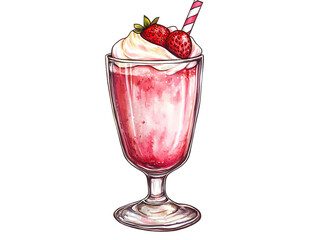 Delicious strawberry milkshake with whipped cream and straw isolated on transparent background