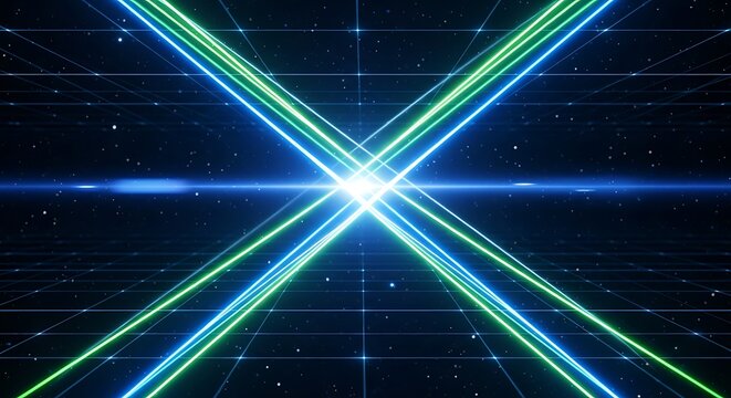 Abstract digital artwork featuring intersecting neon lines and a bright central light source. - Powered by Adobe