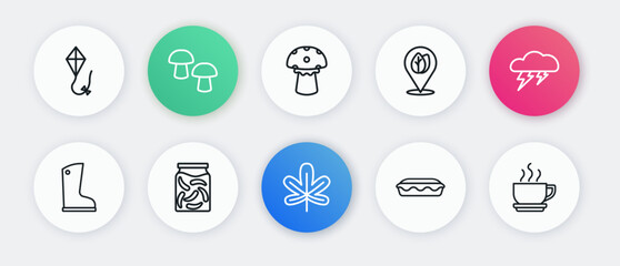 Set line Chestnut leaf, Cloud and lightning, Waterproof rubber boot, Homemade pie, Location with, Mushroom, Coffee cup and Pickled cucumbers jar icon. Vector