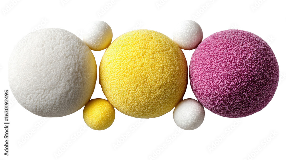 Poster abstract colorful composition of textured spheres in bright colors set against a clean background fo