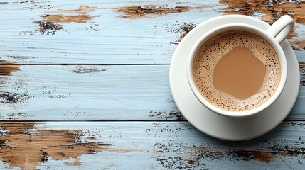 Coffee cup on wooden table overhead view