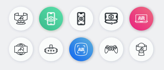 Set line Augmented reality AR, Wide angle picture, Gamepad, 3d modeling, Virtual glasses and icon. Vector