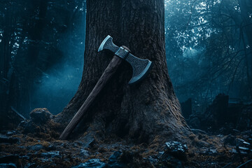Forgotten Viking warrior battle axe near stump on gloomy forest background.