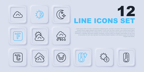 Set line Sun, Thermometer, and cloud weather, Fahrenheit, Cloud, Day night cycle and Compass north icon. Vector