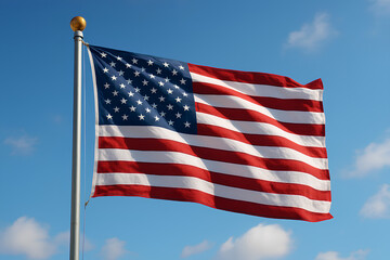 Obraz premium The American flag waving against a blue sky with scattered white clouds, showcasing its stars and stripes.