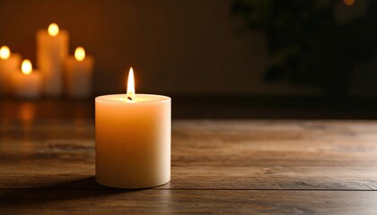 Single Candle On Wooden Table With Soft Lighting