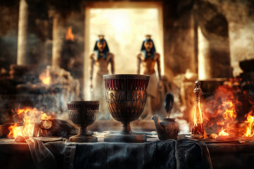 Obraz premium Ancient Egyptian ritual vessels on an ancient table in a sanctuary background.