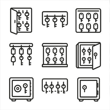 Key Storage Icons. Outline icon set of storage key holders: key cabinet, wall-mounted organizer, drawer insert tray, numbered tag