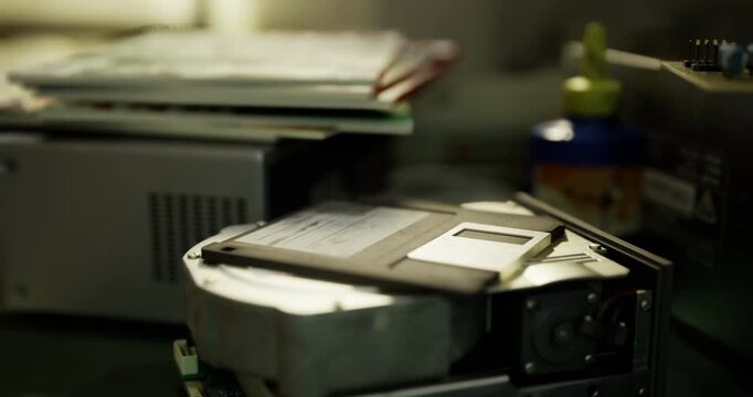 Amidst old machinery, a classic floppy disk rests on a disc drive, evoking memories of past tech. Tools and remnants of innovation surround this still moment in time.